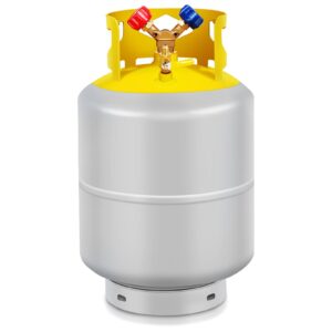 50 LB Refrigerant Recovery Tank for R410a, R12, R22, R134, Freon Recovery Tank AC Recovery Tank with Double Valve Recovery Can for Liquid/Vapor Reusable Cylinder Tank and 1/4 Sae Y Valve Gray Yellow