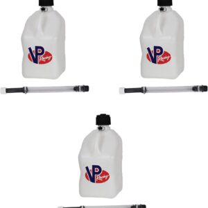 VP Racing 3522-CA, 5.5-Gallon Square Motorsport Jug White (3 Pack) w/ 14" Deluxe Hose (3 Pack) Close-Trimmed Cap and Neck for Tight Seal