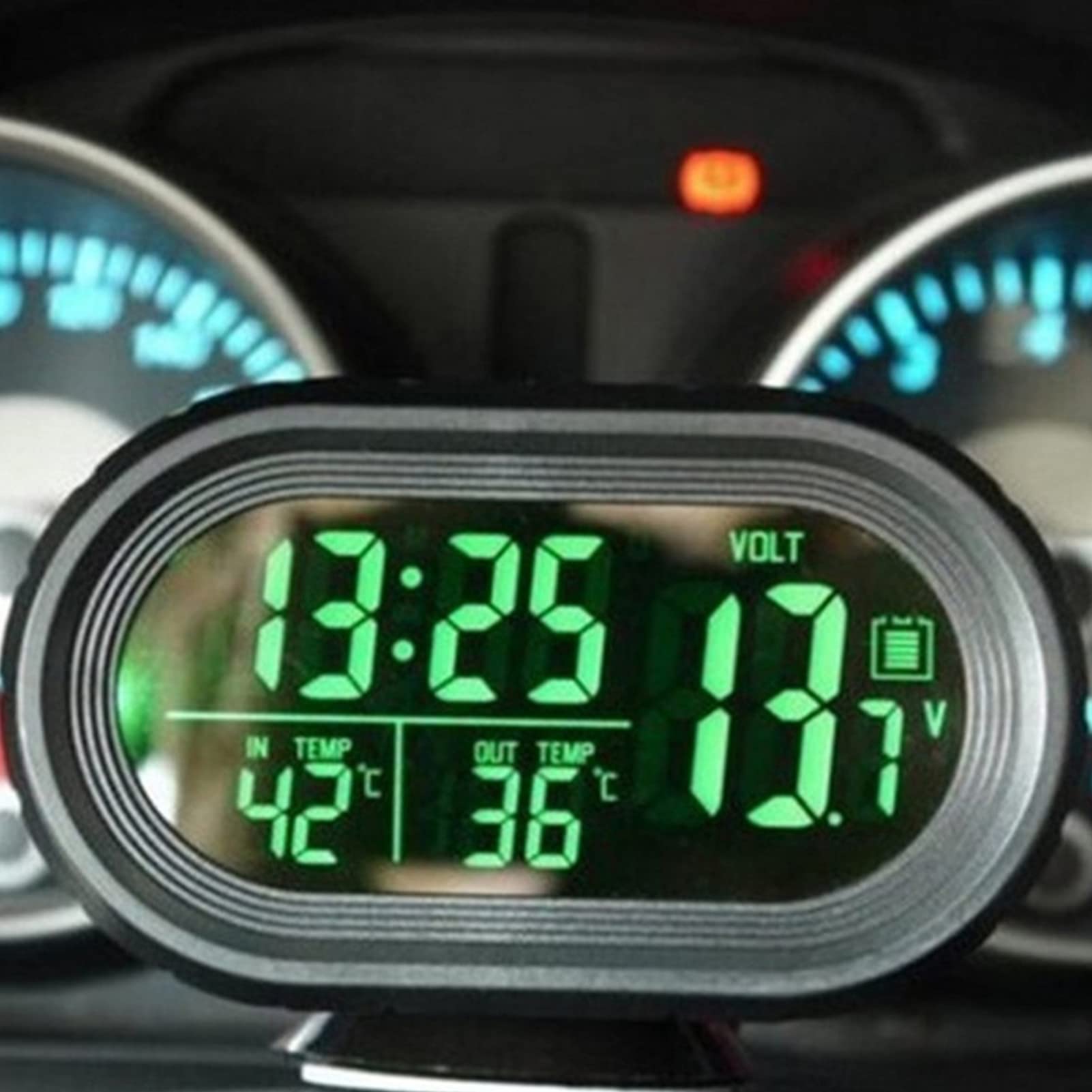 Shkalacar Digital Thermometer and Clock - LED Lighted Auto Dual Temperature Gauge Voltmeter Voltage Tester for Car Dashboard, DC 12V