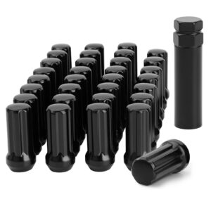 glorider 32pcs M14x1.5 Lug Nuts Spline Black, 14x1.5 Aftermarket Wheel Lug Nuts for F150 F250 F350 Silverado Sierra Ram 2500 3500 with 1 Socket Keys Long Extended