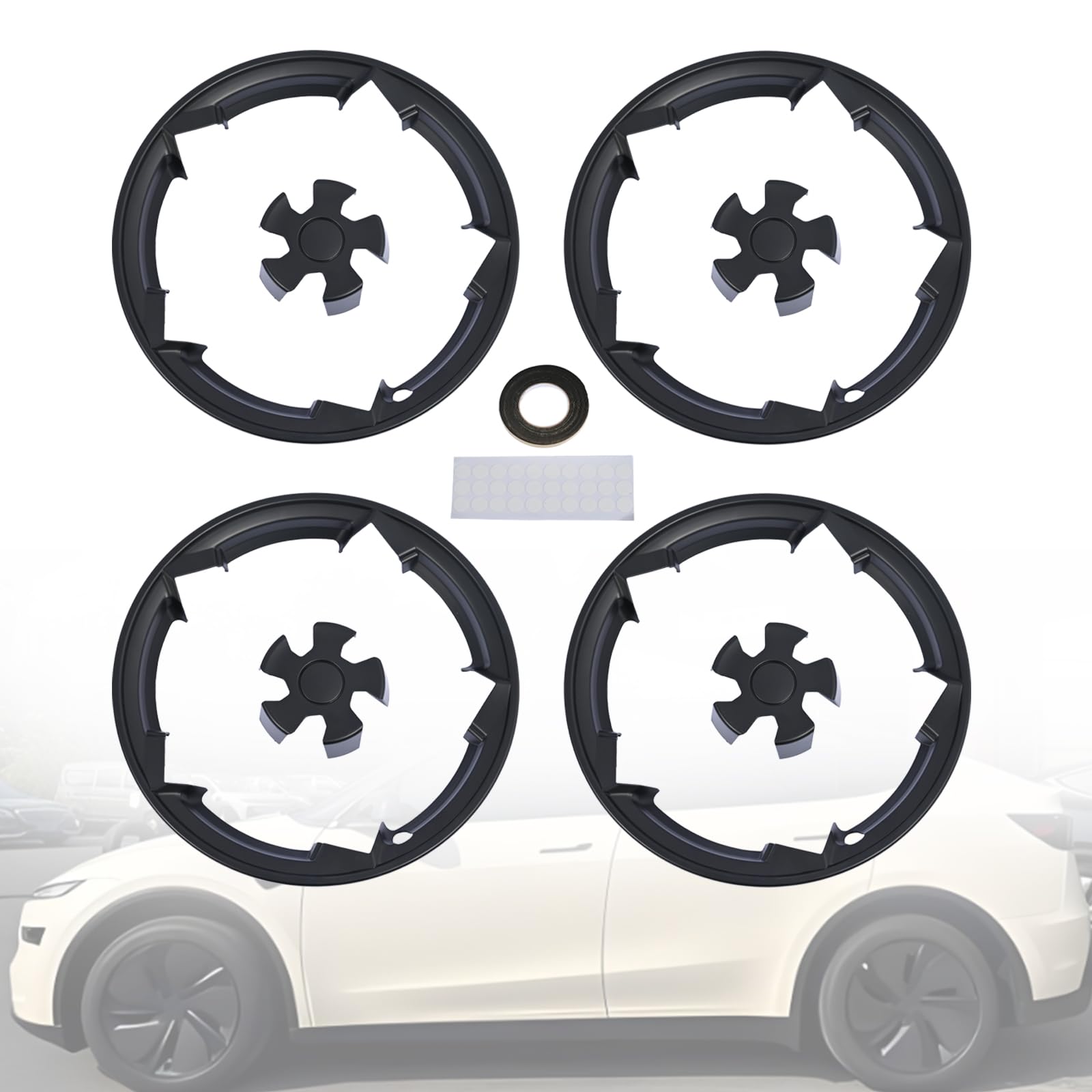 Promrmr Wheel Rim Protector 19inch 4PCS Compatible with Tesla Model Y Juniper 2026 Crossflow Wheels, Includes Rim Ring Edge Tire Guard Strip & Hub Case Center Caps Cover(Matte Black)