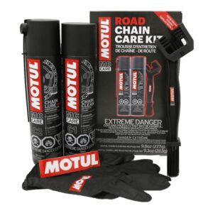 Motul C1 Chain Cleaner and C2 Motorcycle Chain Lube Kit with Brush, Gloves, and Sticker, Complete Road Motorcycle Maintenance Kit for Street Bikes and Karts