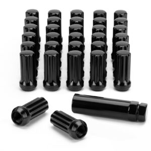 M14x1.5 Lug Nut for Chevy Silverado 1500 2500 GMC Sierra Ford F250 F350 Ram Aftermarket Wheel, 32pcs Black 2 inches Length Cone Seat Closed End Long Extended XL Spline Wheel LugNuts with 1 Socket Key