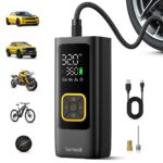 Car Tire Inflator Portable Air Compressor - Lamicall [4X Faster][150 PSI] Bike Air Pump, Rechargeable Battery, Pressure Gauge Display, LED Light, Automatic Car Cordless Pump for Motorcycle, Bike, Ball