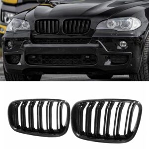 MAXDOM Replacement Front Upper Grill Fit for BMW (2007-2013) X5 E70 (2008-2014) X6 E71 – Gloss Black Double Slats ABS Grille