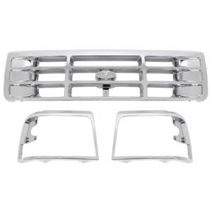 ALMULOO Grille & Headlight Bezel Silvery Compatible with 1992-1996 Ford Bronco F150 F250 1997 F350 & 1997 F250HD F350 Front Grill Lamp Cover Plastic(ABS) Replacement for FO1200173 FO2512130 FO2513131