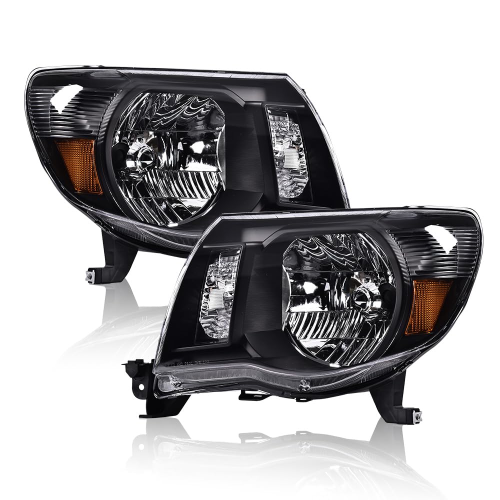 CNNELL Headlight Assembly Compatible with Toyota Tacoma Chrome Headlamp Lamps Left+Right 2005 2006 2007 2008 2009 2010 2011(Clear lens Black Housing Amber Reflector)