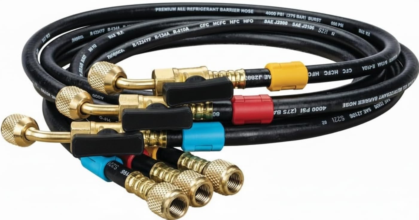 HVAC Refrigerant Charging Hoses Set with Ball Valves (3 Pack, 5 FT) – 1/4” SAE AC Manifold Gauge Hoses, Compatible with Fieldpiece & Standard HVAC Systems