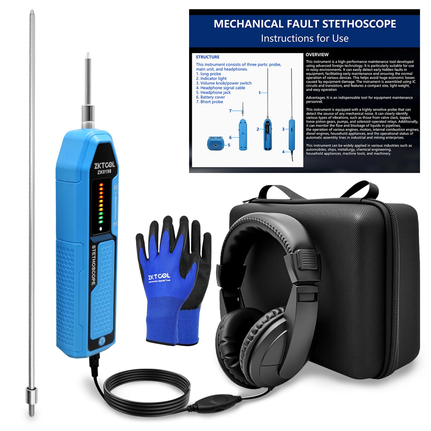 ZKTOOL Automotive Electronic Mechanics Stethoscope Electronic Ear Diagnostic Device Kit EM410, with Short and Long Probe, Headphones, Engine Noise Finder Detector Tester, Frequency Range 20Hz~20KHz