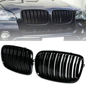 BILLDIO Front Bumper Kidney Grille Grill Glossy Black Compatible with 2007-2014 BMW X5 E70 X6 E71 Dual Slat Double Line