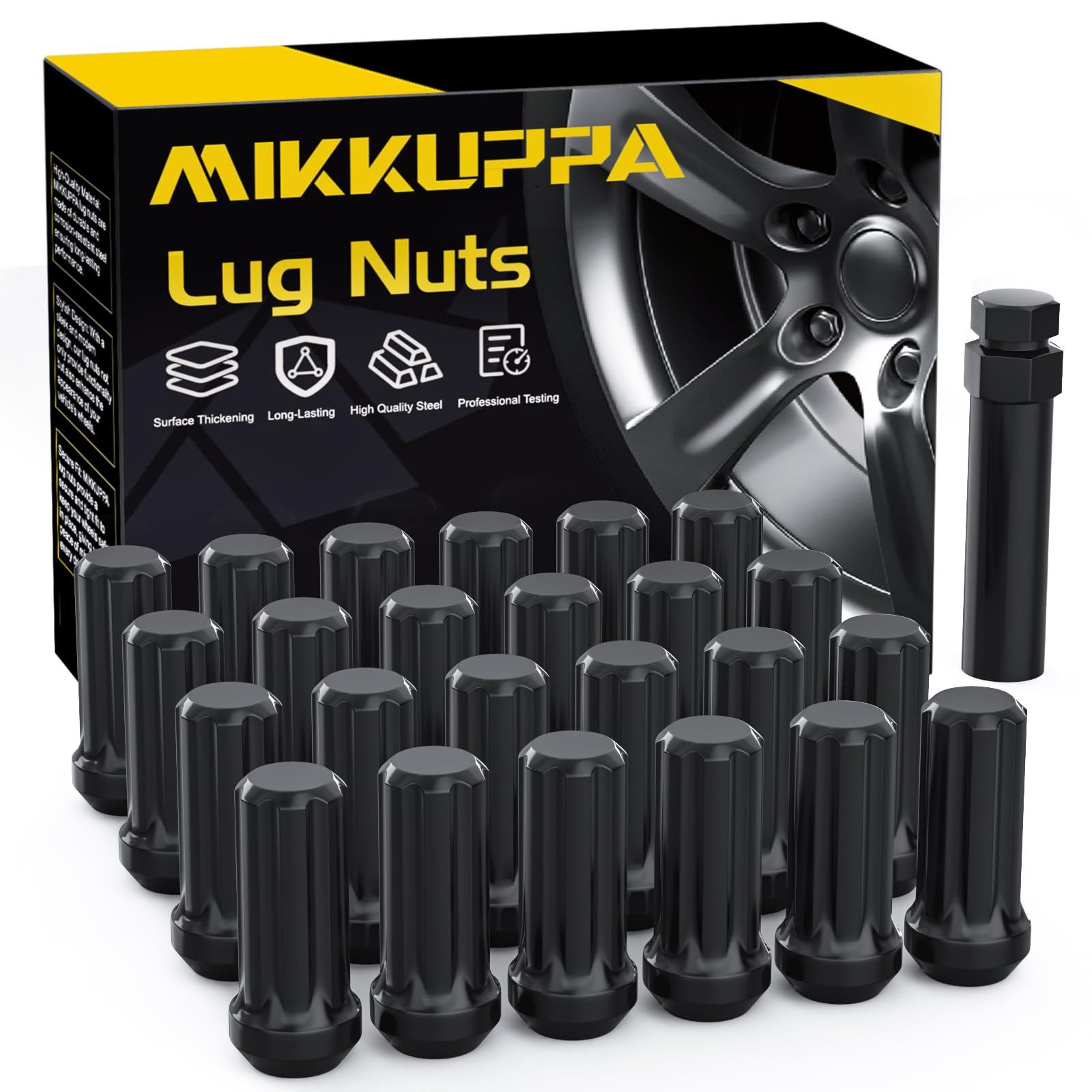 MIKKUPPA 24PCS M14x1.5 Lug Nuts - Replacement for Chevy Silverado 1500 Suburban Traverse, Ford F150, GMC Yukon Sierra 1500, Cadillac XT5 XT6 Aftermarket Wheels Black 2" Length 7 Spline Tire Nut