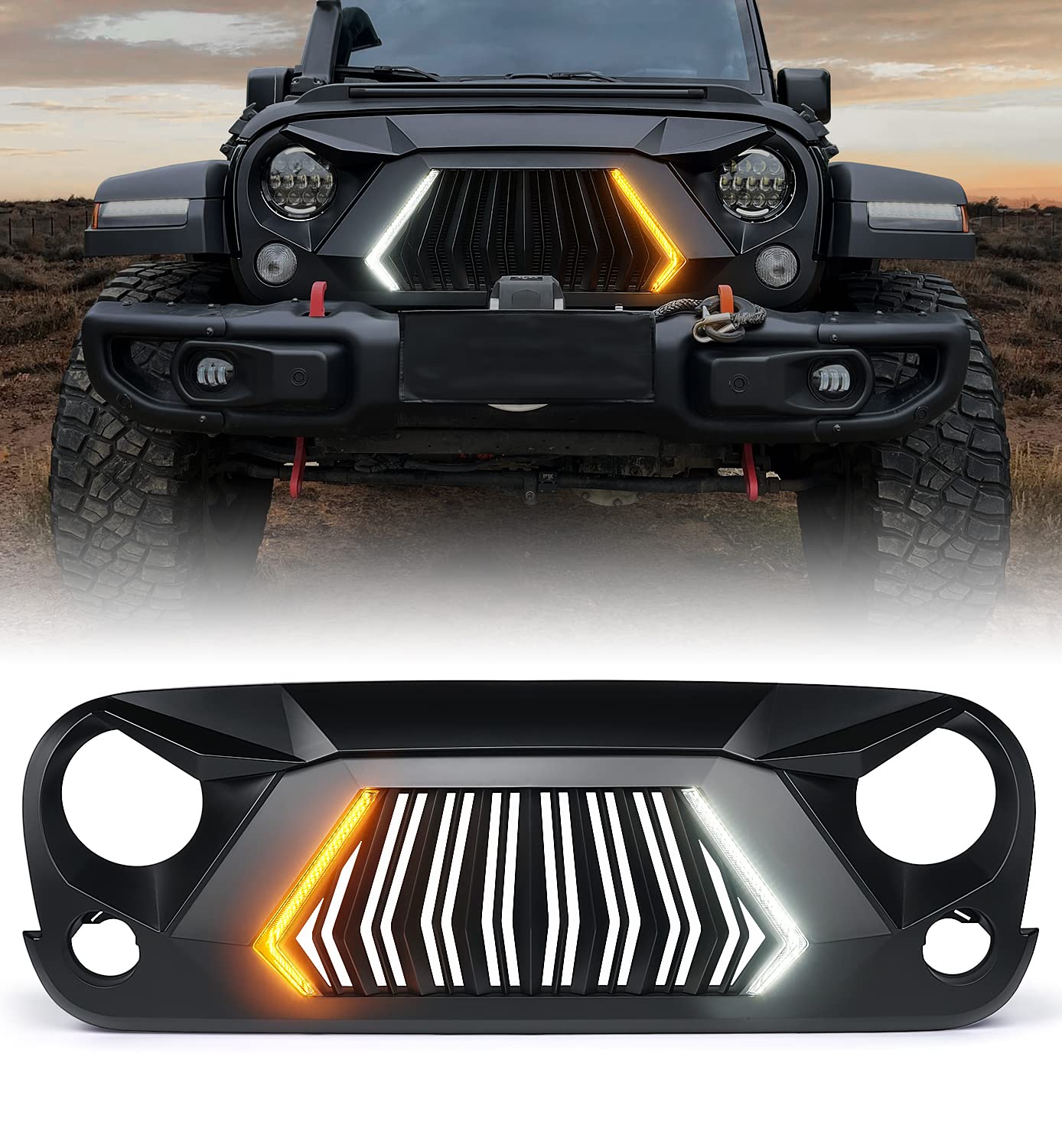 Xprite Front Grill Compatible with 2007-2018 Jeep Wrangler JK JKU, Unique Patented Design Grille w/Running and Turn Signals Light, Matte Black
