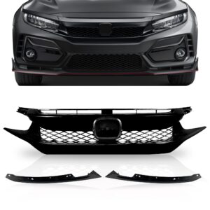 PartsFlow Front Bumper Grille FK8 T-R Style Grill Glossy Black With Trim For 2016 2017 2018 2019 2020 Honda Civic