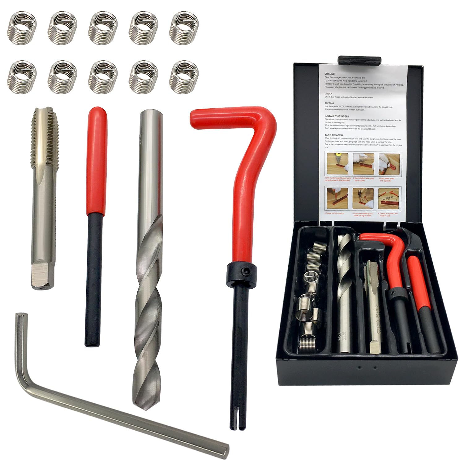 ANPTGHT M12x1.25 Thread Repair Kit, Helicoil Thread Inserts Taps Kit with HSS Drill Bits Compatible Hand Tool Set for Damaged Thread & Auto Repairing(Metric)