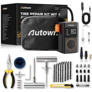 AUTOWN Flat Tire Repair Kit with Air Compressor 54 Pieces for Car, Motorcycle, ATV, Jeep, Truck, Tractor Flat Tire Repair (54PCS)