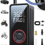 Powools Tire Inflator Portable Air Compressor - 3X Faster Inflation Air Pump with LED Light, Auto Shut-Off Tire Pump with 4 Nozzles for Car, Motorcycle, Bicycle, Ball, Black, 5.9" x 2.8" x 2.0"