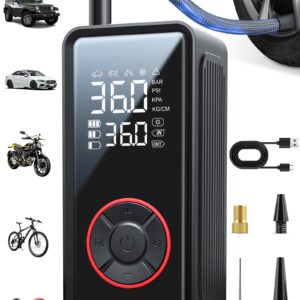 Powools Tire Inflator Portable Air Compressor - 3X Faster Inflation Air Pump with LED Light, Auto Shut-Off Tire Pump with 4 Nozzles for Car, Motorcycle, Bicycle, Ball, Black, 5.9" x 2.8" x 2.0"