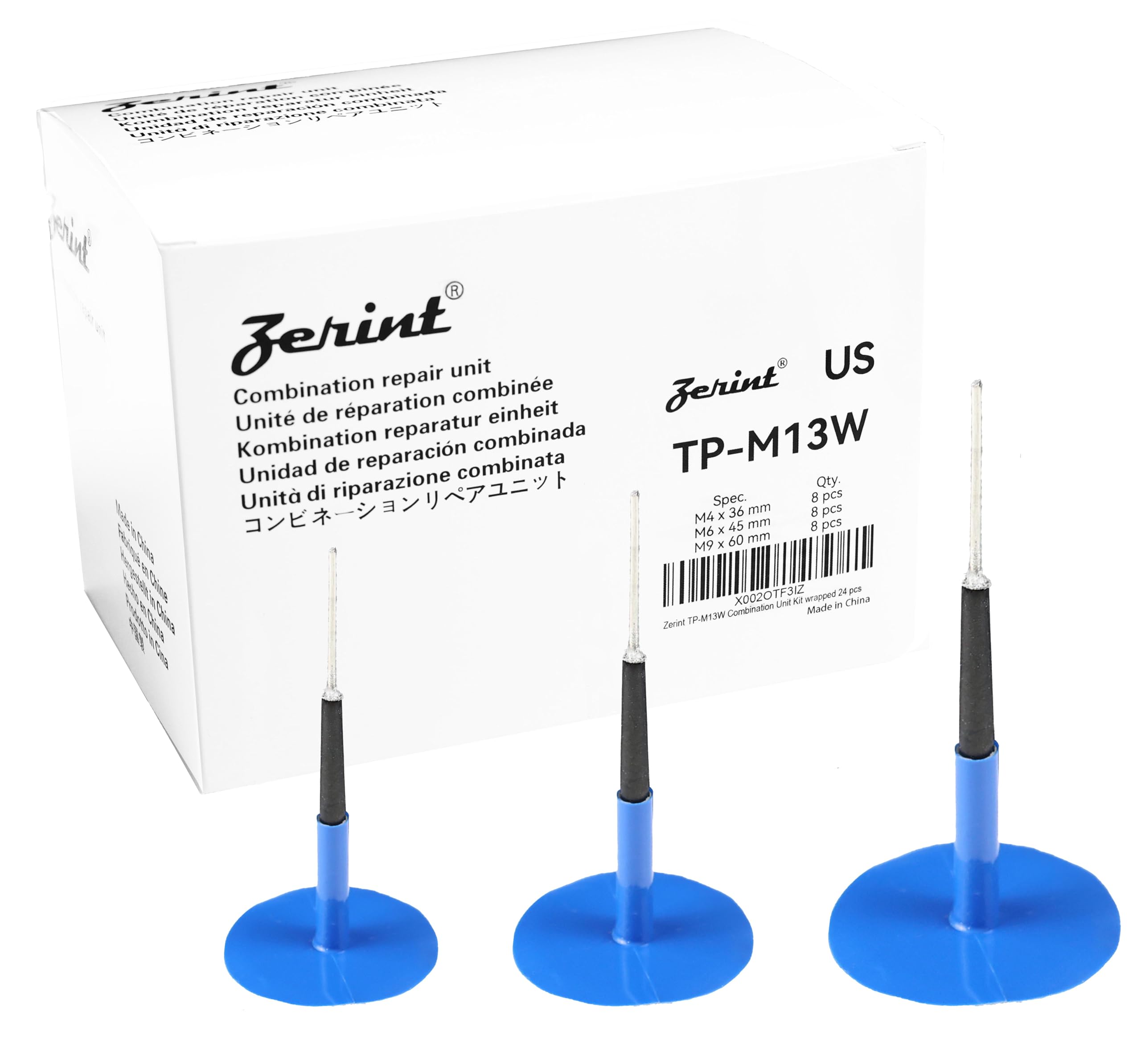 ZERINT TP-M13W Combination Repair Unit Kit, Tire Repair Patch Plug Kit 1/6" x 1 3/8", 1/4" x 1 3/4" and 3/8" x 2 3/8" Wrapped stem 8 pcs Each