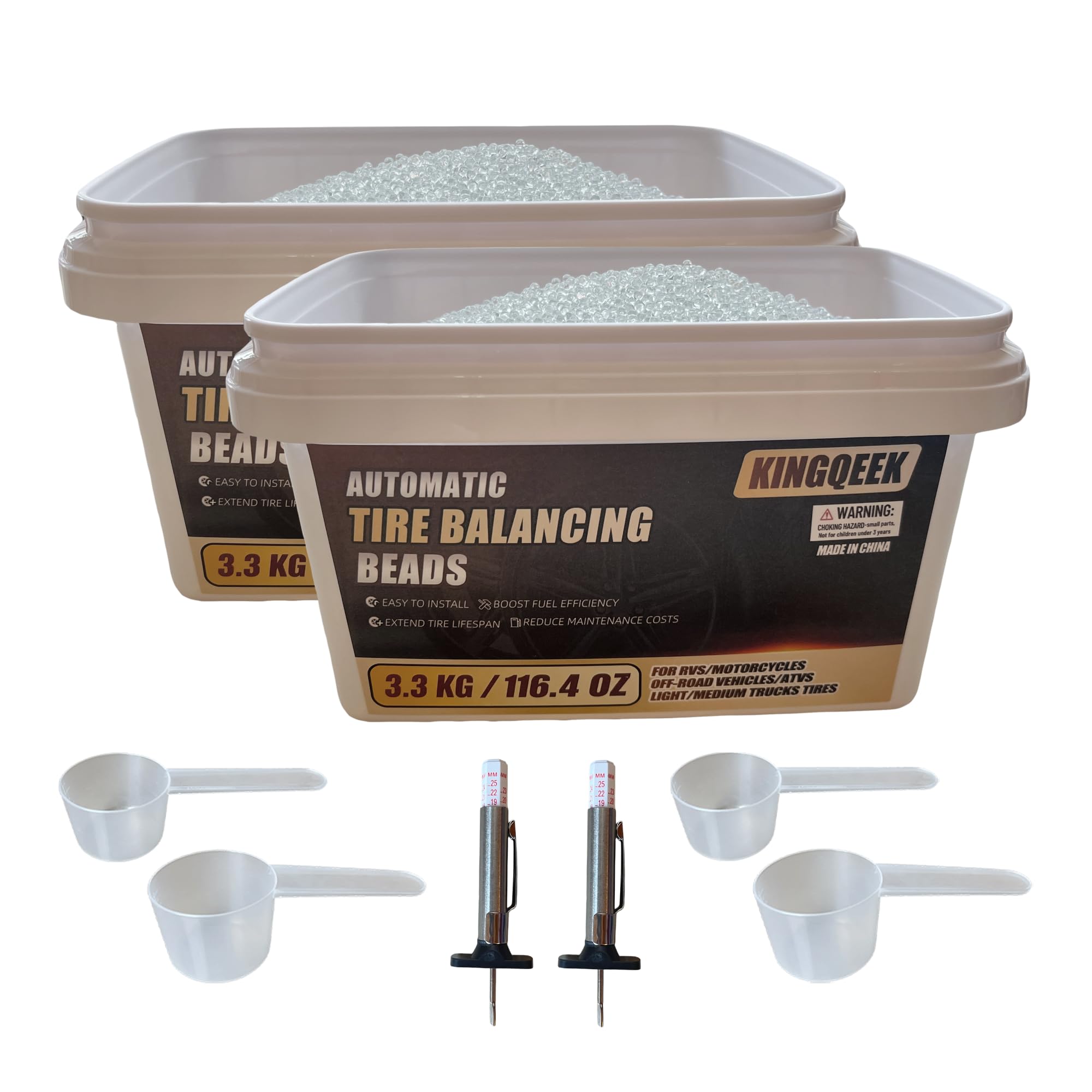 KINGQEEK Tire Balancing Beads 6.6KG(232.8oz),Tempered Glass Wheel Beads for Balance for Trucks,Motorcycles,Trailer,ATVs,Off-Road Vehicles,with Tire Tread Depth Gauge | Reusable, Eco-Friendly Beads