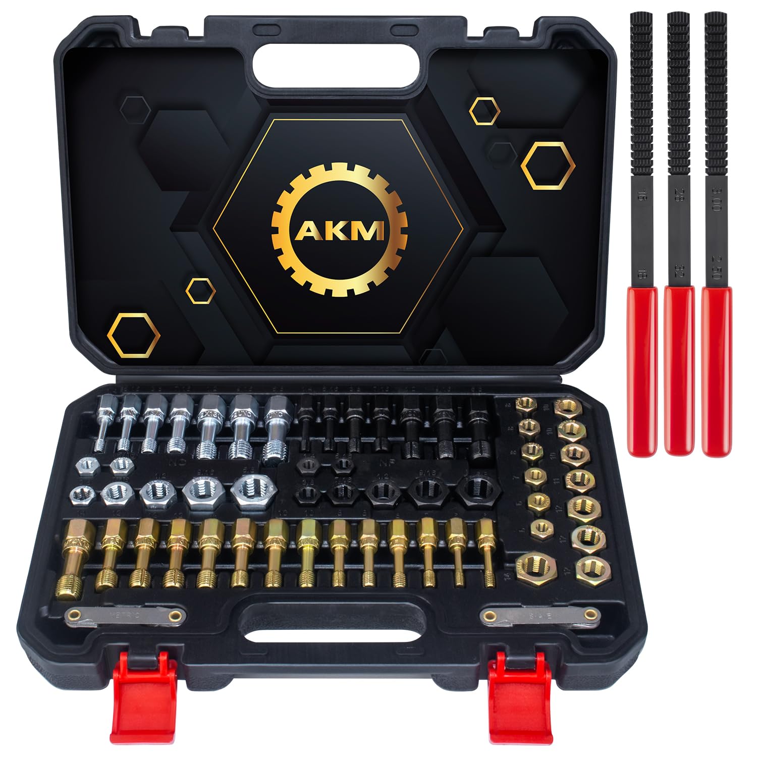 AKM 61Pcs Thread Restorer Kit, Rethread Repair Tool, UNC UNF & MetricThread Chaser Set with Thread Pitch Gauge