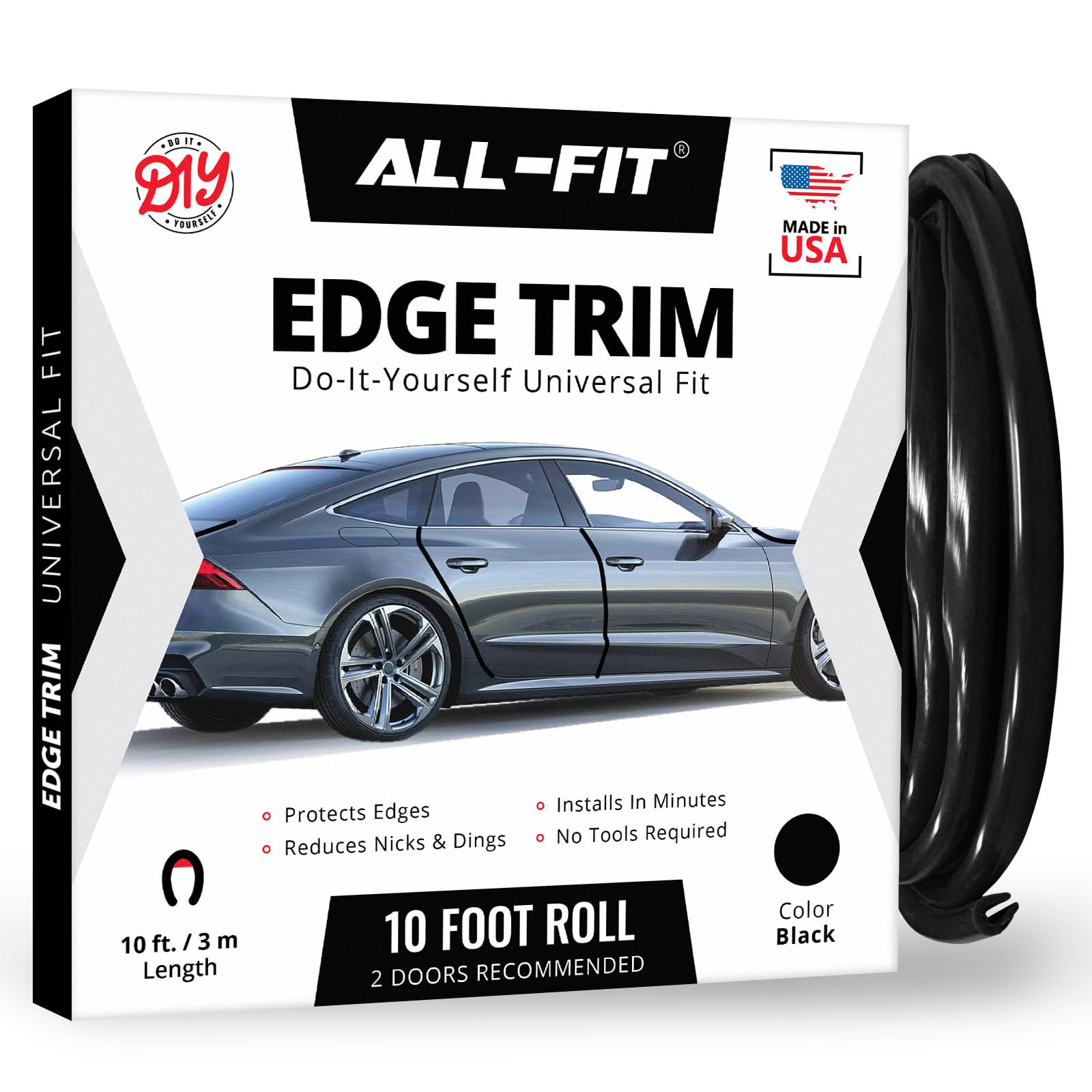 All-Fit Automotive Car Door Edge Protector – Universal DIY Edge Trim to Prevent Scratches & Dings – Flexible Adhesive Molding Trim for Cars, Trucks & SUVs (10 Ft - Black)