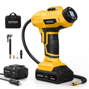 AstroAI Cordless Tire Inflator Air Compressor 20V Rechargeable Battery Powered 160PSI Portable Air Pump with 12V Car Power Adapter Digital Pressure Gauge for Cars Motorcycles JY16P160-18（C2）Yellow