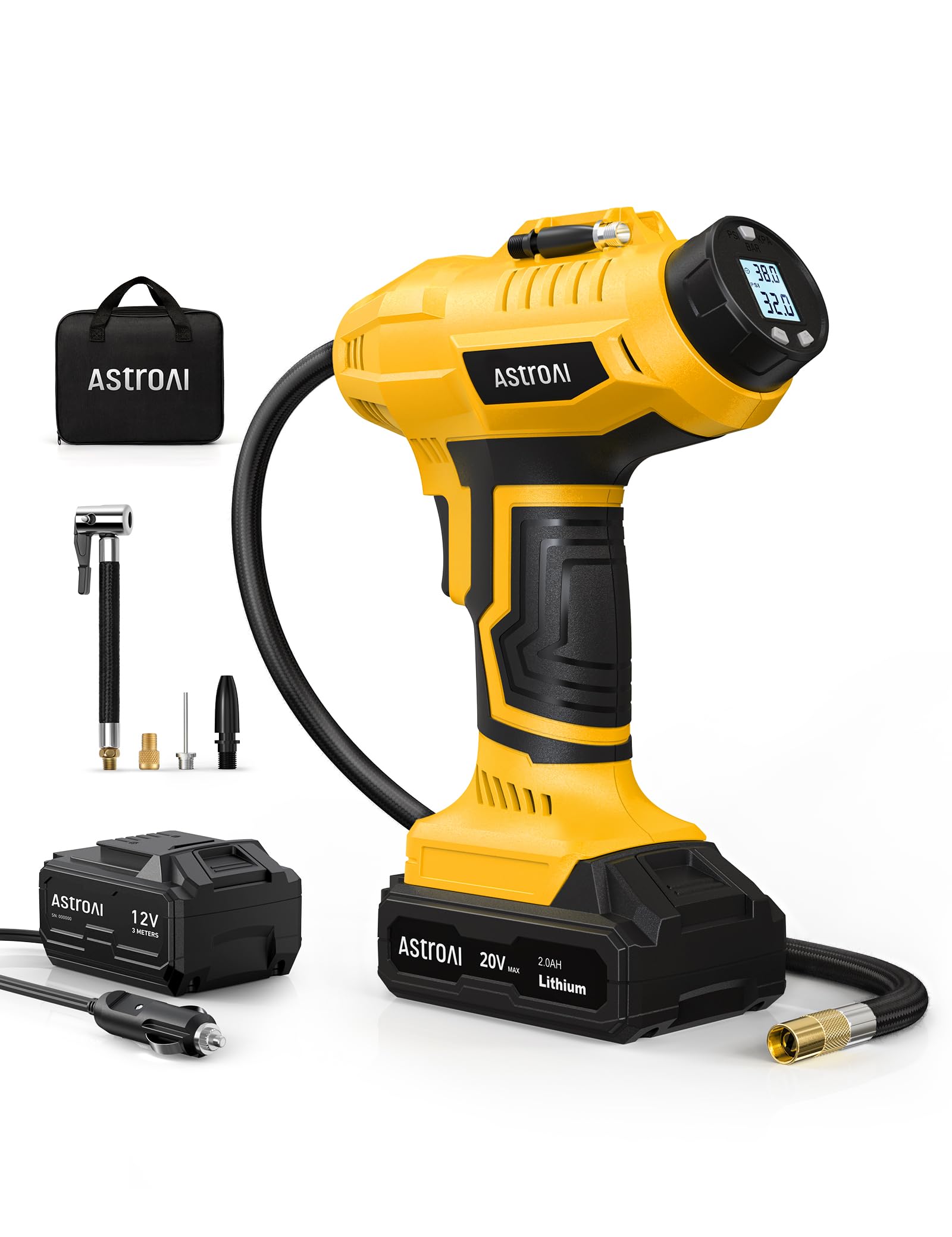 AstroAI Cordless Tire Inflator Air Compressor 20V Rechargeable Battery Powered 160PSI Portable Air Pump with 12V Car Power Adapter Digital Pressure Gauge for Cars Motorcycles JY16P160-18(C2)Yellow