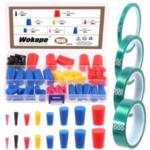 Wokape 105Pcs Powder Coating Plug Kit with PET Masking Tape, High Temp Silicone Rubber Tapered Plug Kit, for Powder Coating System, Plating, Media Blasting, Hydro Dipping