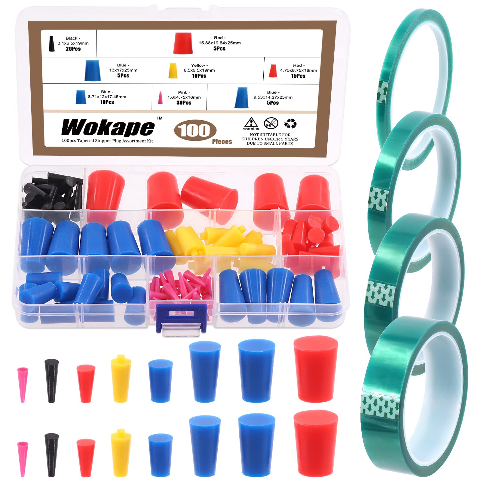 Wokape 105Pcs Powder Coating Plug Kit with PET Masking Tape, High Temp Silicone Rubber Tapered Plug Kit, for Powder Coating System, Plating, Media Blasting, Hydro Dipping