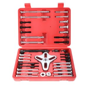 KUNTEC 46Pcs Harmonic Balancer Puller Kit – Flywheel Remover, Crankshaft Pulley Removal, Steering Wheel Pulling Set (Red)