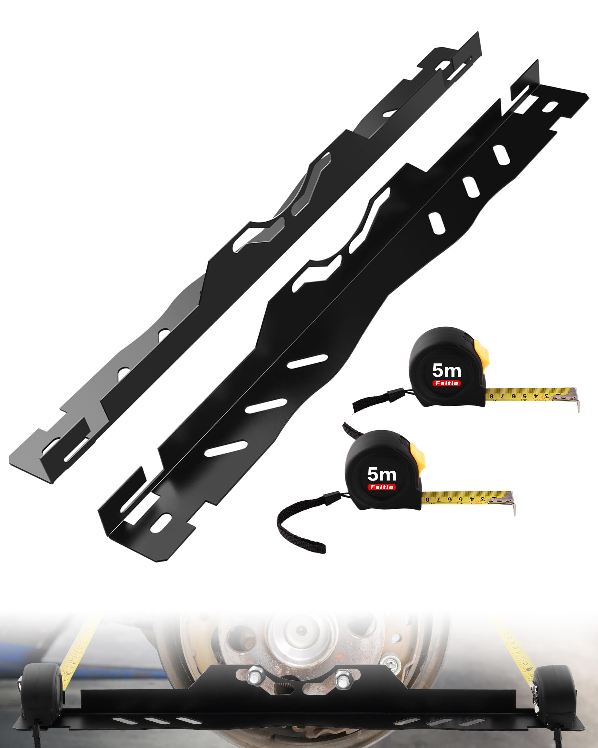 FAITIO One-Piece Wheel Alignment Tool Plates(Zero Play), Toe Alignment Plates w/Two 5m Heavy Duty Tape Measures, Automotive Front End Alignment Tool, No Assembly - Eliminate Splicing Errors, Black