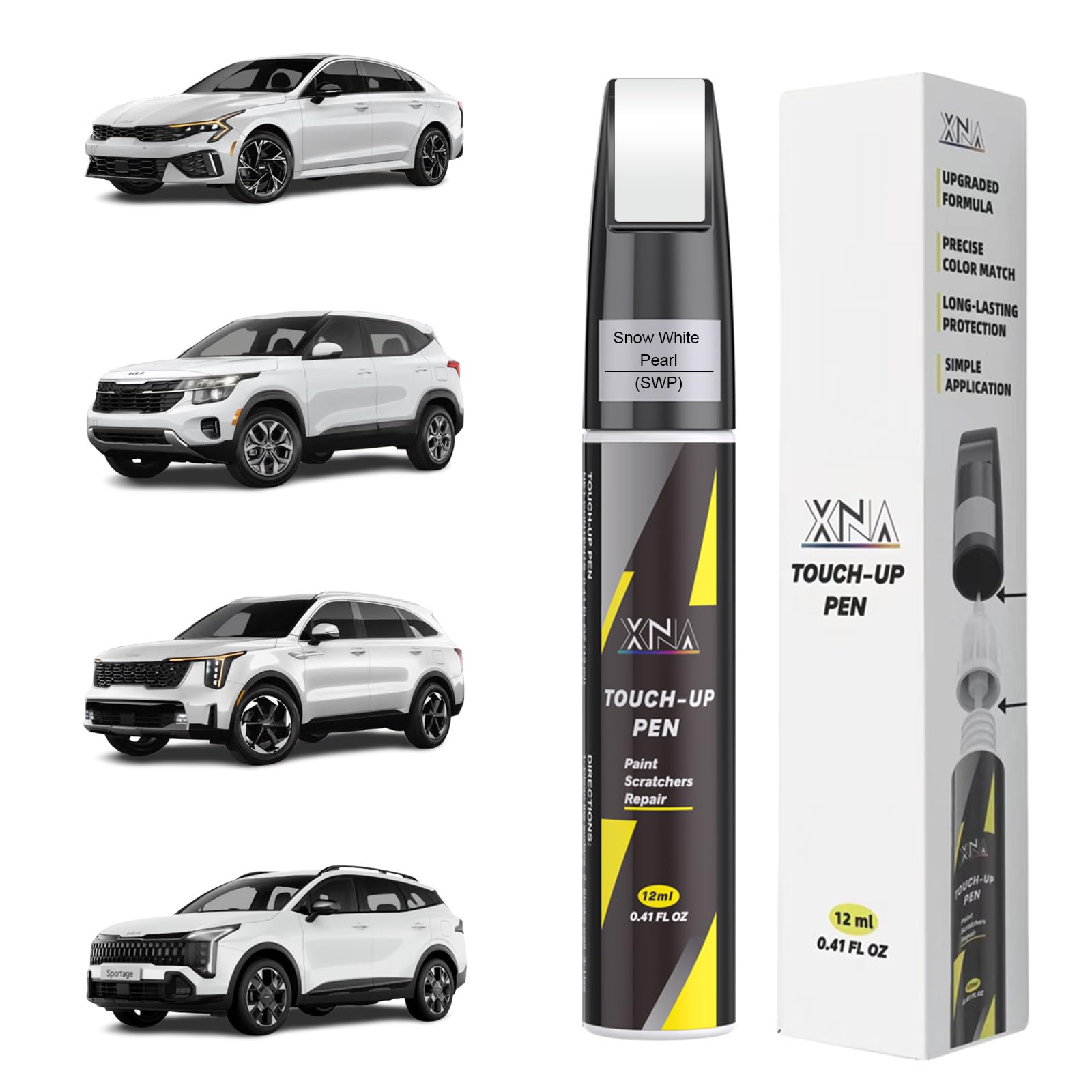 XNA Snow White Pearl(SWP) for KIA Touch Up Paint, 2 in 1 Car Scratch Remover with Pen Tip and Brush, Exact Color-Matched for Car Paint Scratch Repair, Quick & Easy Fix Chips and Nicks