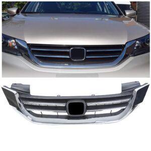 ECOTRIC Front Bumper Hood Grille Grill Compatible with 2013-2015 Honda Accord 4D Replacement for 71121T2FA01 HO1200214 Black & Chrome (4 Door Sedans ONLY)