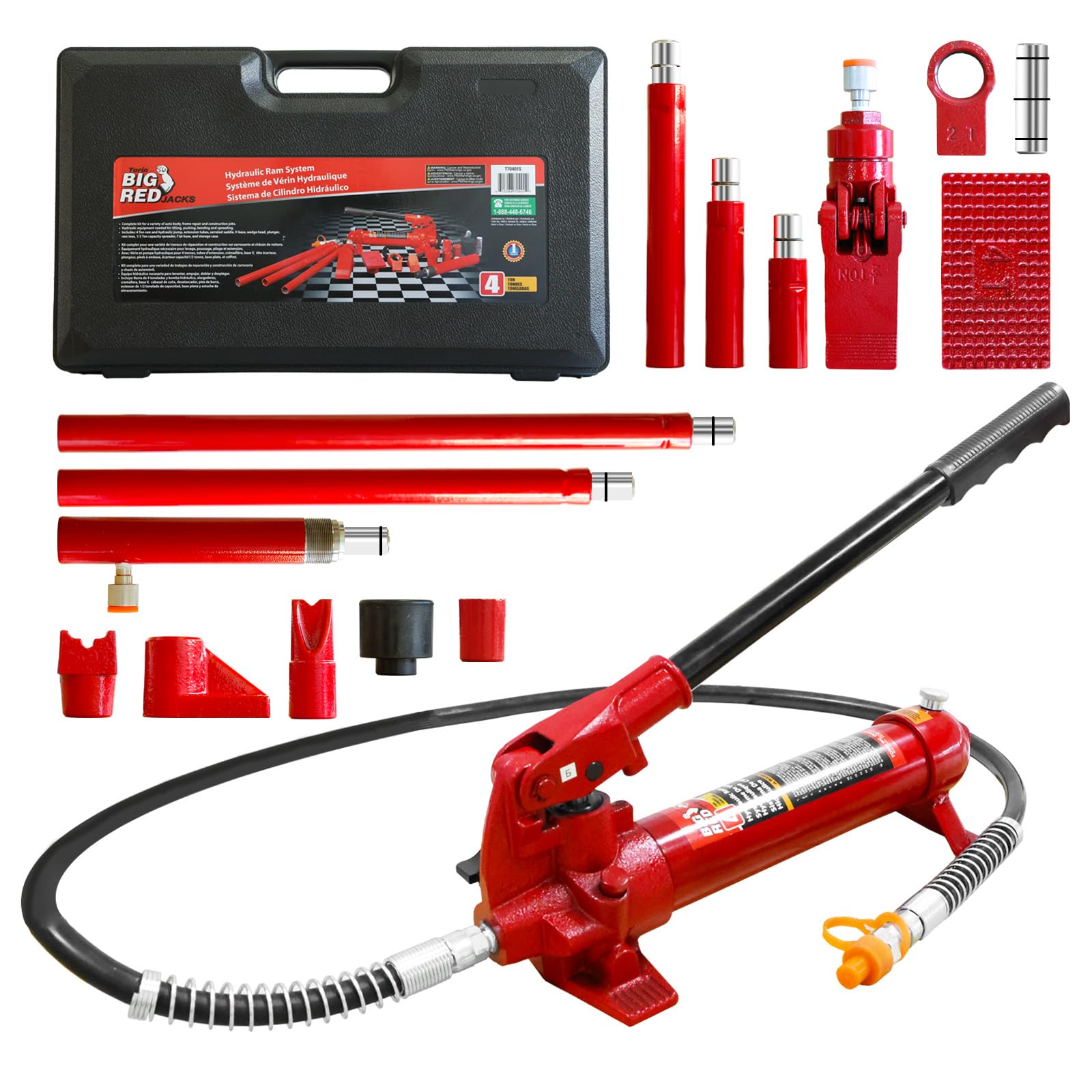 BIG RED T70401S-01 Torin Porta Power Kit: 17pcs Hydraulic Ram Auto Body Frame Repair Kit with Blow Mold Carrying Storage Case, 4 Ton (8,000 lb) Capacity, Red