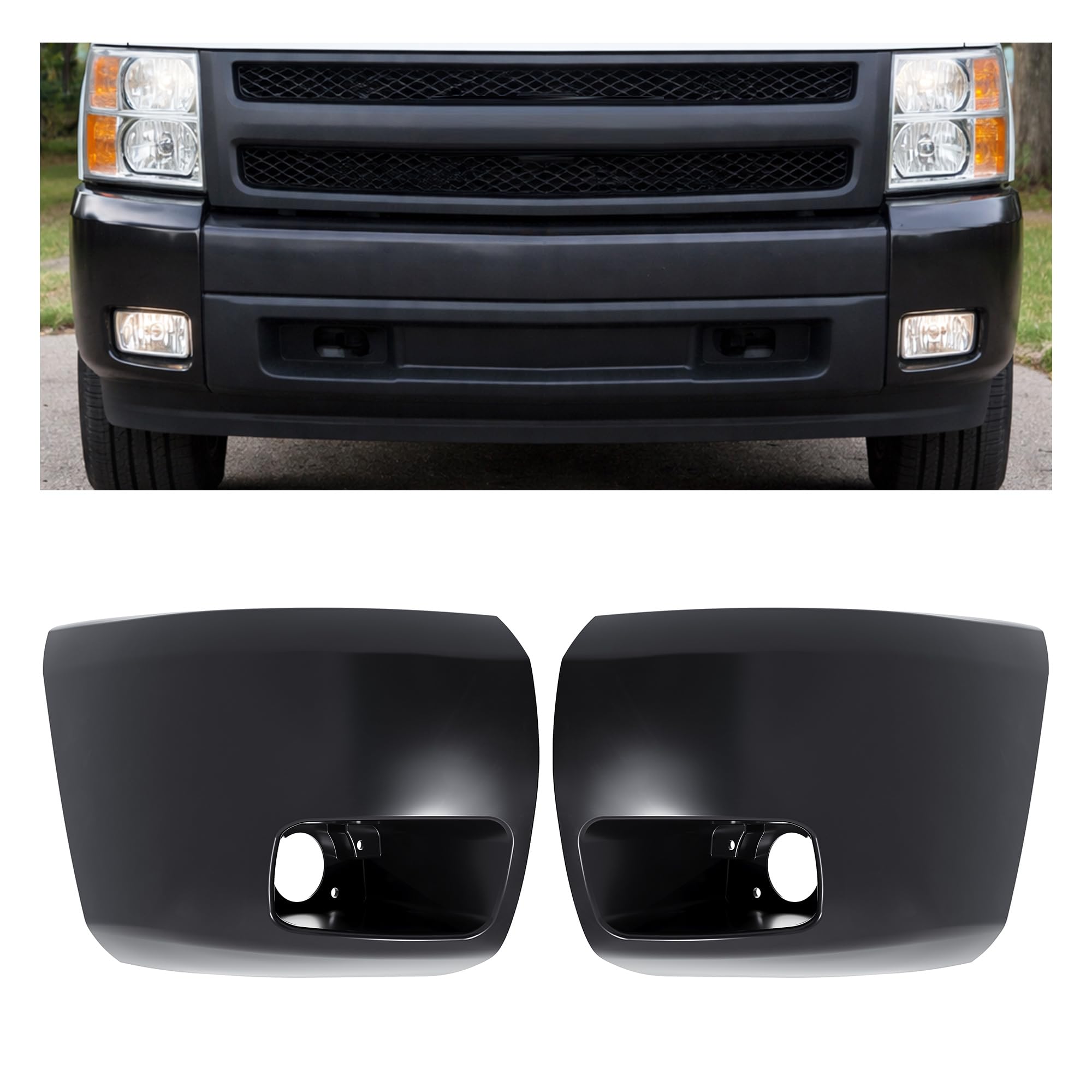 ECOTRIC Front Bumper End Cap Compatible with 2007-2013 Chevrolet Silverado 1500 GM1005147 15891682 GM1004147 15891681 GM1004147C GM1005147C Bumper Corner Extension Cover W/Fog Light Hole