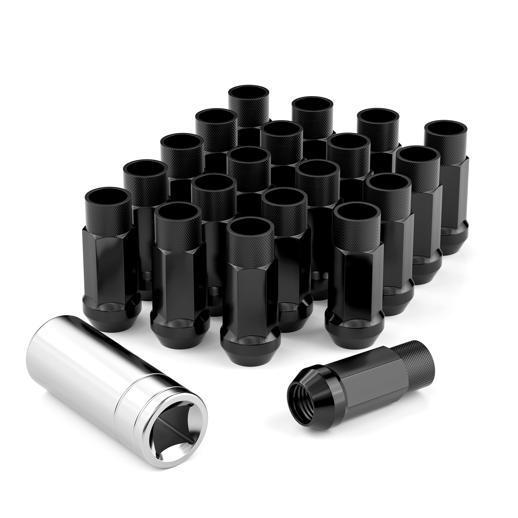 EZISOE 20PCS M12x1.5 Open End Bulge Acorn Black Lug Nuts - 60 Conical Seat - 50mm Height, Lug Nuts for Aftermarket Wheels with 1 Spline Key