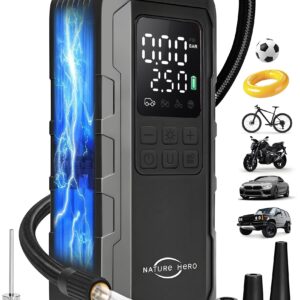 Nature Hero Tire Inflator Portable Air Compressor - 150PSI Cordless Portable Air Pump for Car Tires with Pressure Gauge & LED Lights - 3X Faster Tire Pump for Car, Motorcycle, Balls and Bicycle, Black