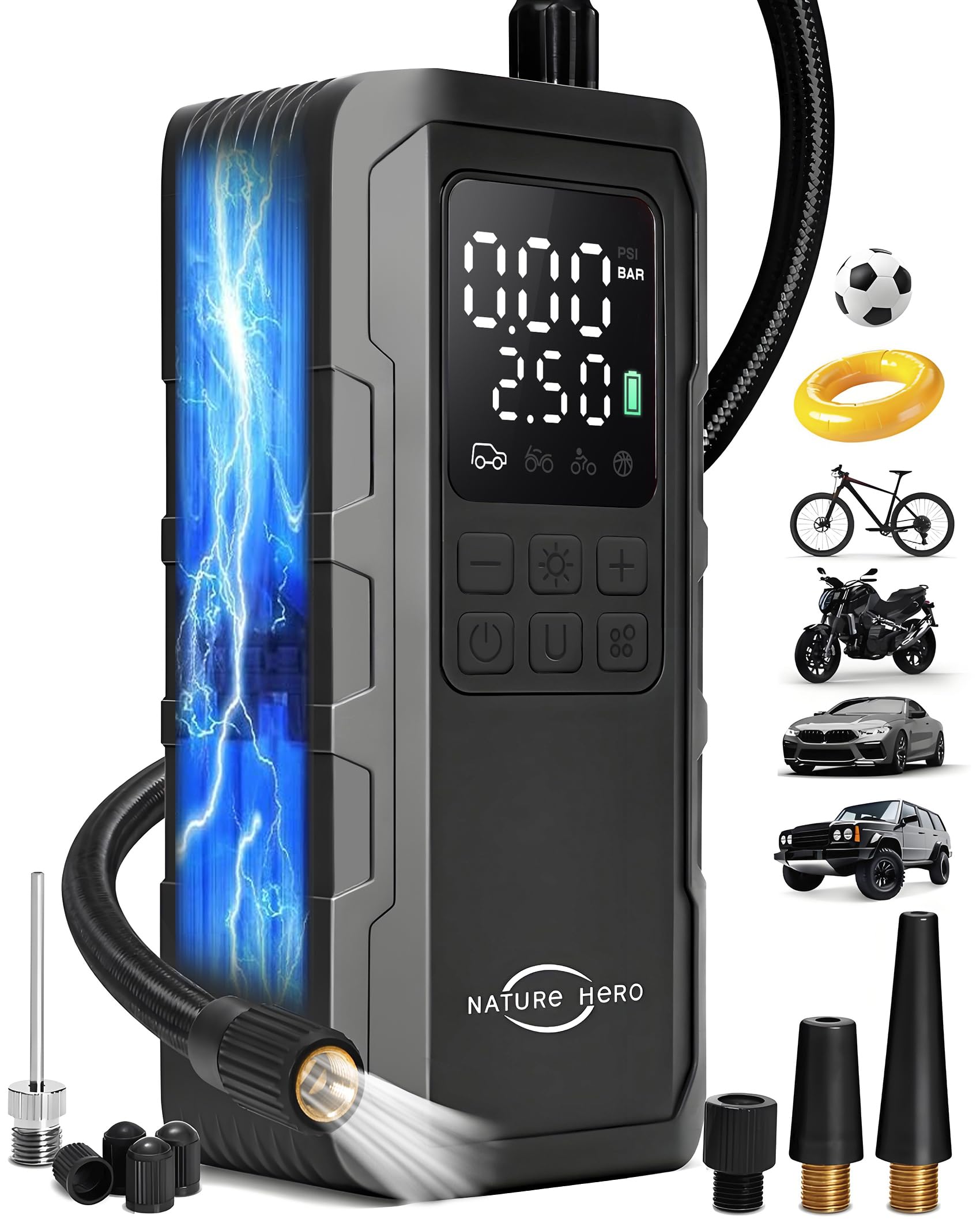 Nature Hero Tire Inflator Portable Air Compressor - 150PSI Cordless Portable Air Pump for Car Tires with Pressure Gauge & LED Lights - 3X Faster Tire Pump for Car, Motorcycle, Balls and Bicycle, Black