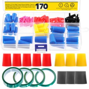 Mardatt 170 Pcs High Temp Silicone Rubber Tapered Stopper Plug Assortment Kit with Green Powder Coating Masking Adhesive Tape for Painting, Powder Coating, Anodizing Applications