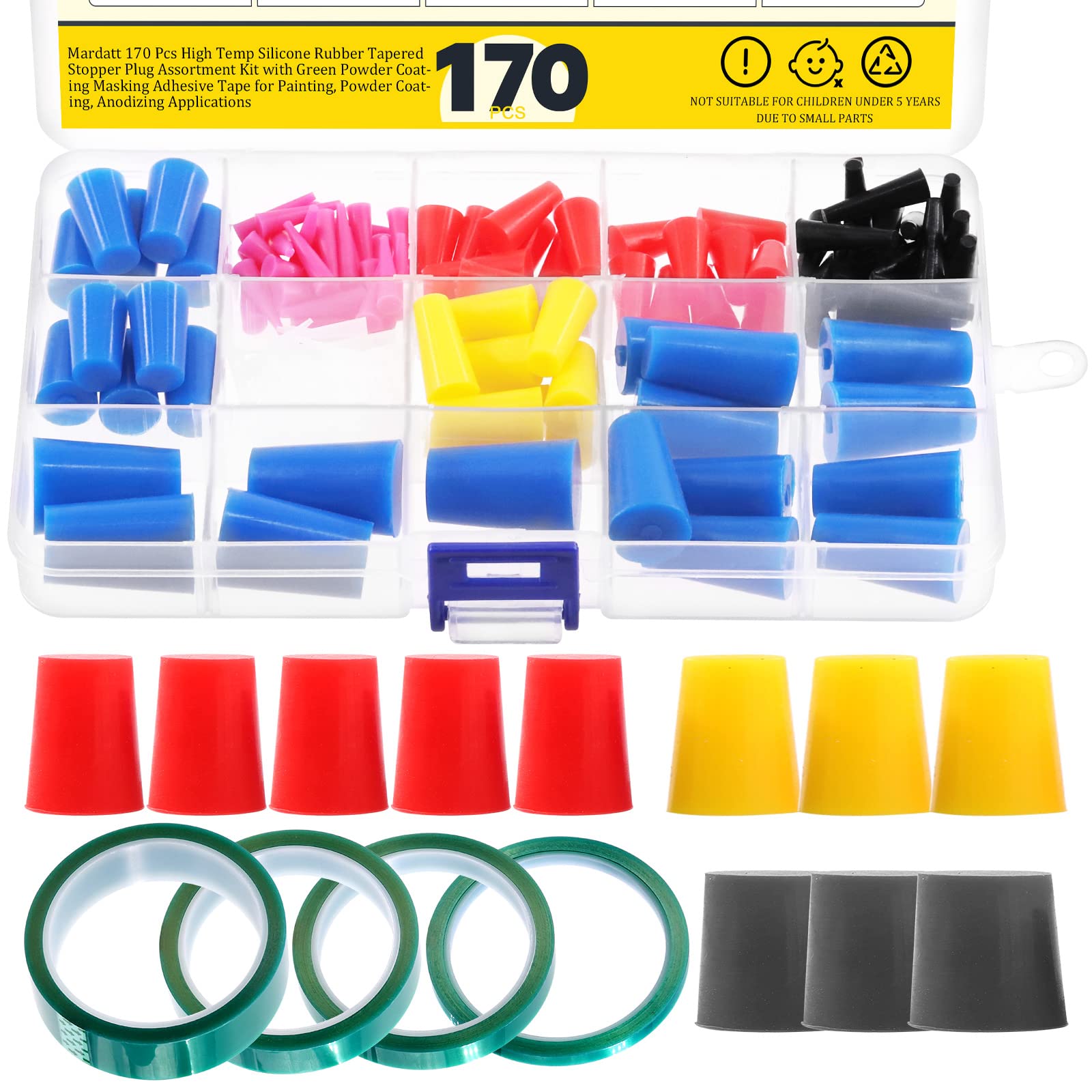 Mardatt 170 Pcs High Temp Silicone Rubber Tapered Stopper Plug Assortment Kit with Green Powder Coating Masking Adhesive Tape for Painting, Powder Coating, Anodizing Applications