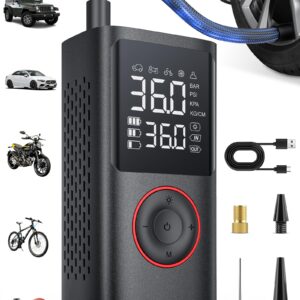 Powools Tire Inflator Portable Air Compressor, 150 PSI Cordless Bike Pump, Air Pump for Auto, Motorcycle, Bicycle, Balls with Pressure Gauge, LED Light & Car Accessories, Black, Standard Capacity