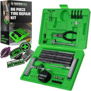 Rhino USA Tire Repair Kit (86-Piece) Professional Heavy Duty Tire Plug Kit to Fix Punctures & Patch Flats with Ease - Ultimate Tubeless Tire Repair Tools for Car, Motorcycle, ATV, UTV, RV and Trailer