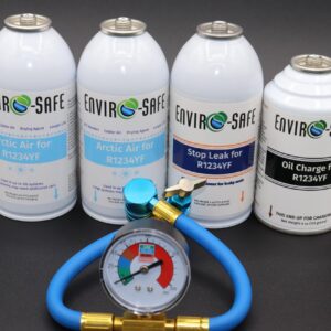 ENVIRO-SAFE R1234YF Auto AC Recharge Kit with Arctic Air, Oil Charge, Stop Leak, Gauge, 4-Piece Professional System