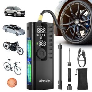 Airmoto Tire Inflator Portable Air Compressor - Air Pump for Car Tires with Digital Pressure Gauge, LED Light and Auto Shut-Off Function - Cordless Pump for Car, Motorcycle, Bicycle, Ball