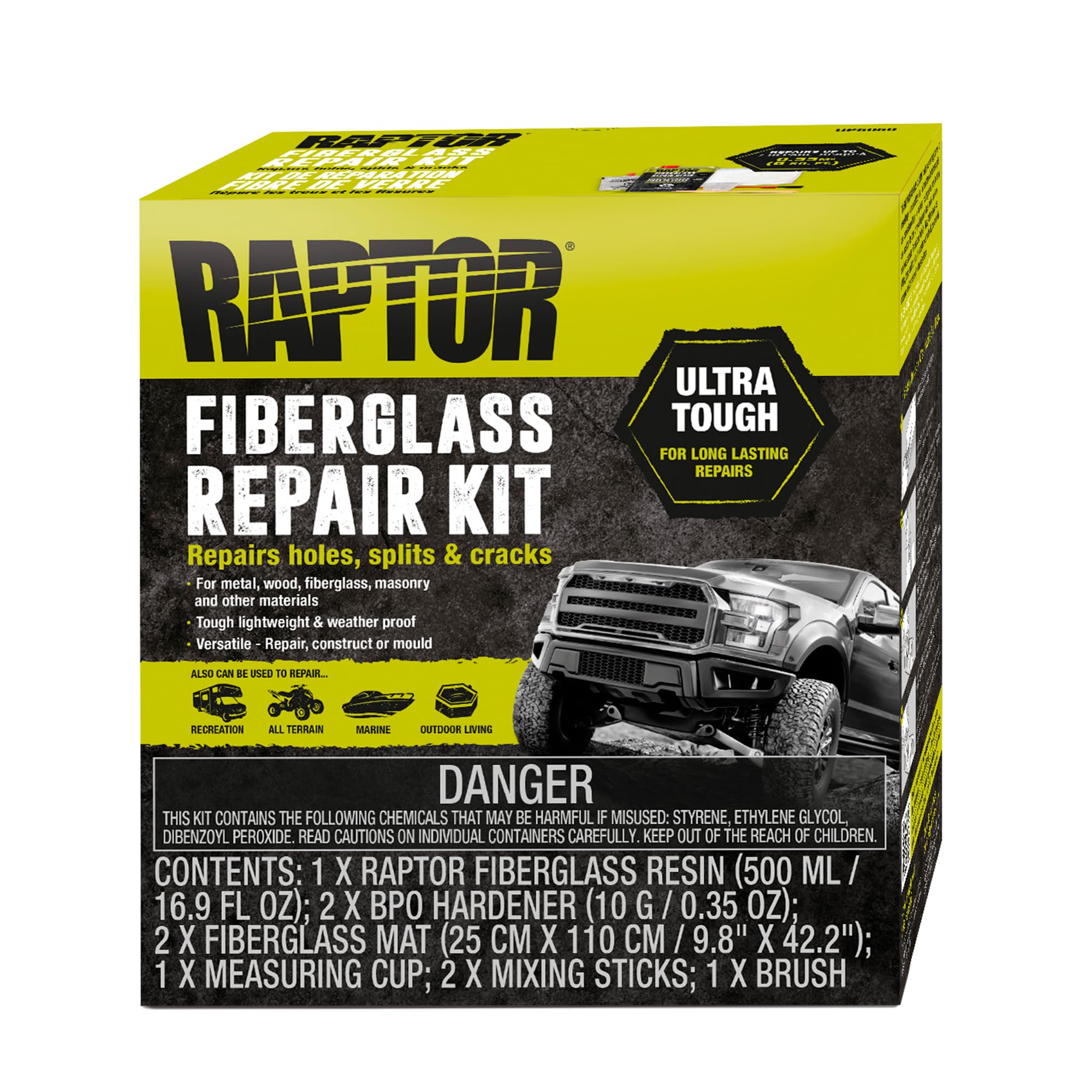 RAPTOR Fiberglass Repair Kit, Ultra Tough, for Long-Lasting Repairs On Holes, Splits & Cracks, Automotive Repair Kit