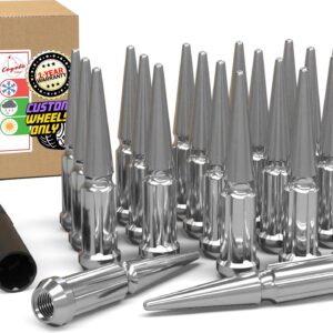 Wheel Accessories Parts 24 Pcs M14x1.5 14x1.5 Thread Spiked 4.4" Long Lug Nuts Chrome Truck Spline Hex Fits Chevy Silverado GMC Sierra RAM 1500 Ford F150 Bronco (Raptor Only)