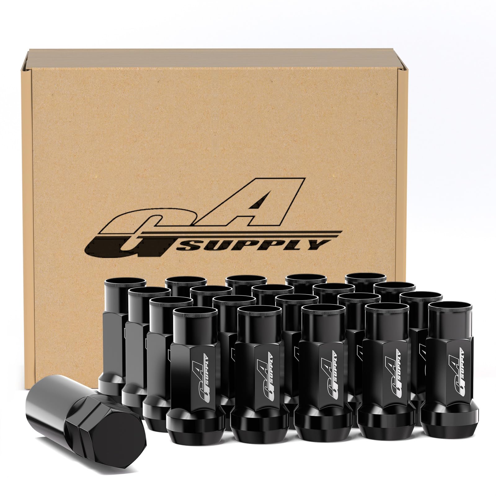 GAsupply M14x1.5 Extended Open End Lug Nuts Black, 1.9" 48mm Tall, 17mm Hex, Conical Seat 60 Degree Bulge Acorn, 20 Pack+1 Lug Nut Lock Key Socket