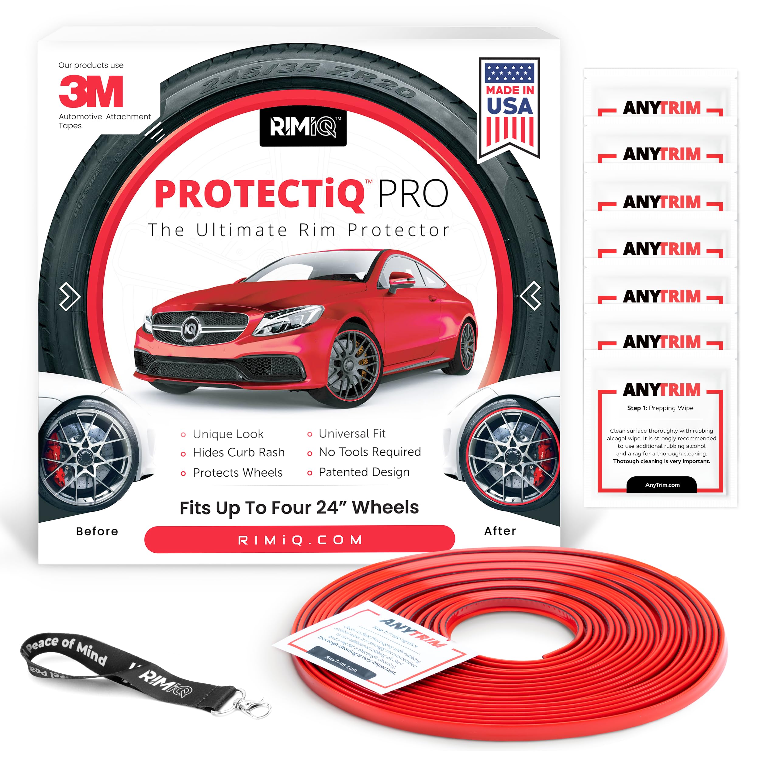 RIMiQ PROTECTiQ PRO Universal Rim Protection Trim - Curb Rash Guard with Award-Winning 3/8" Patented Design and Premium 3M Tape - Fits Up to 4X 24 Wheels, Cars, Trucks, SUVs - Red