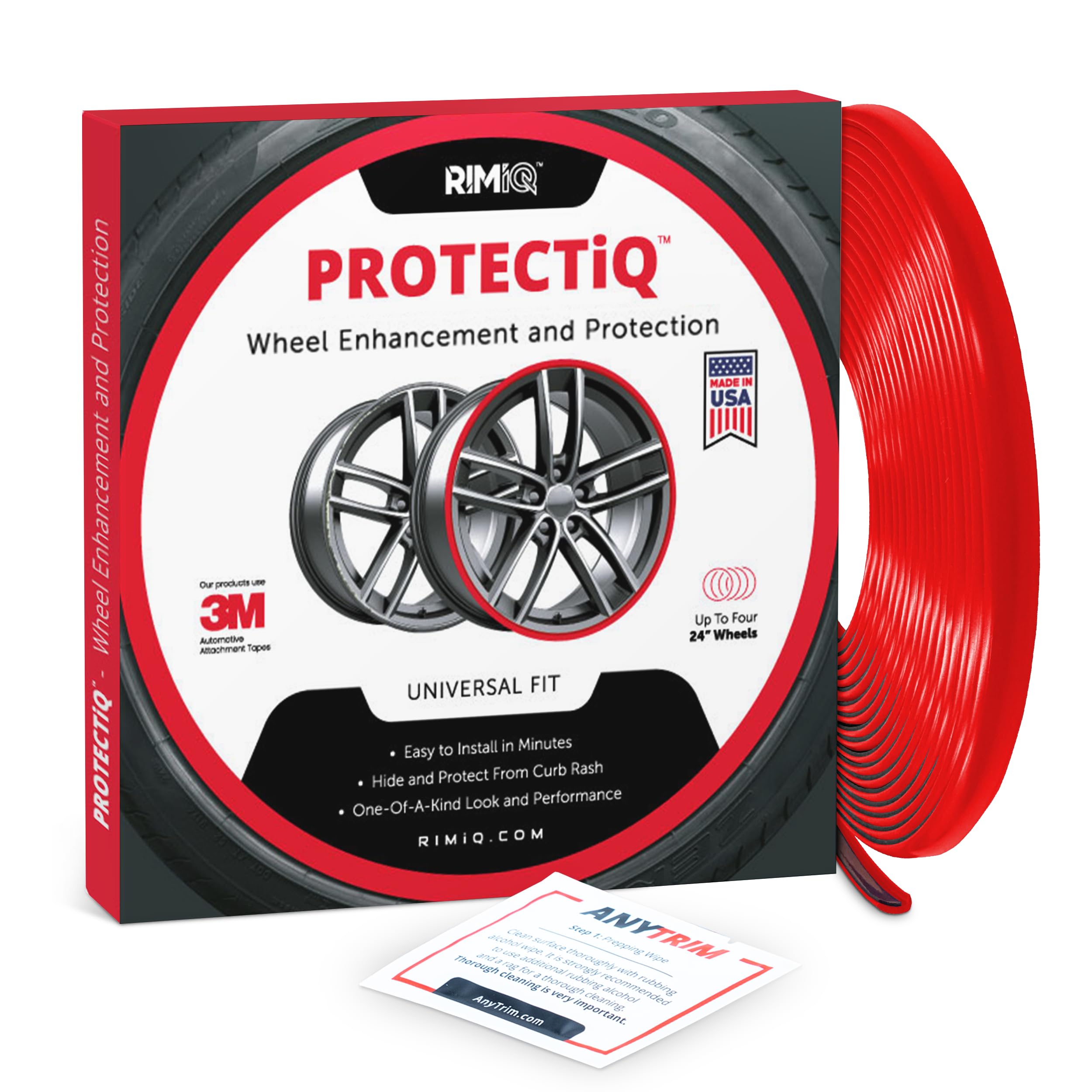 RIMiQ PROTECTiQ Universal Wheel Protection - 1/4" Trim Easy to Apply with Automotive 3M Tape. 6 Colors - Fits Up to 24" Rims - Including Tesla - Red